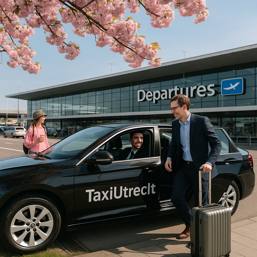 Informatiebord bij Schiphol over voorjaarsdrukte en het belang van vroeg boeken, met bloesembomen op de achtergrond